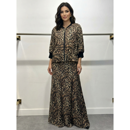 Elegancki Komplet Wiskozowy we Wzór Panterki – Bomberka i Spódnica Maxi // 5706