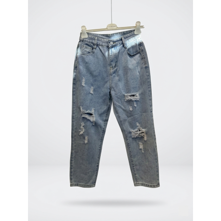Jeansy Mom Fit z Przetarciami – Jasny Błękit – High Waist // 5709