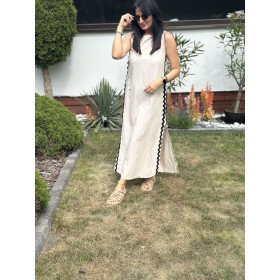 Beżowa sukienka z czarnym lampasem od Souvenir Wiskoza i len // 1467