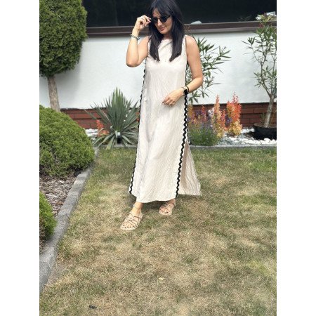 Beżowa sukienka z czarnym lampasem od Souvenir Wiskoza i len // 1467