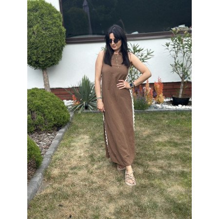 brązowa sukienka z białymlampasem od Souvenir Wiskoza i len // 1466