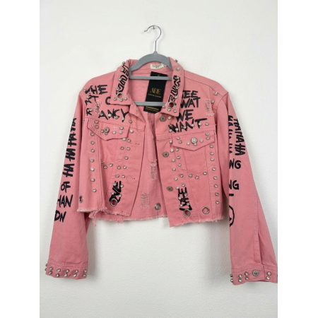 Krótka Kurtka Jeansowa Esther.H Paris – Graffiti & Studs, różowa // 5764