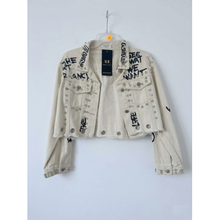 Krótka Kurtka Jeansowa Esther.H Paris – Graffiti & Studs, beżowa // 5766