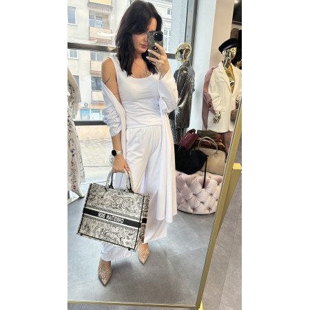 Bawełniany Komplet 3-częściowy PREMIUM – Kardigan, Top i Szerokie Spodnie, Klasyczna Biel // 5786