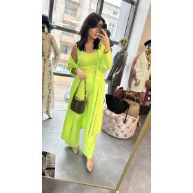 Bawełniany Komplet 3-częściowy PREMIUM – Kardigan, Top i Szerokie Spodnie, limonka // 5787