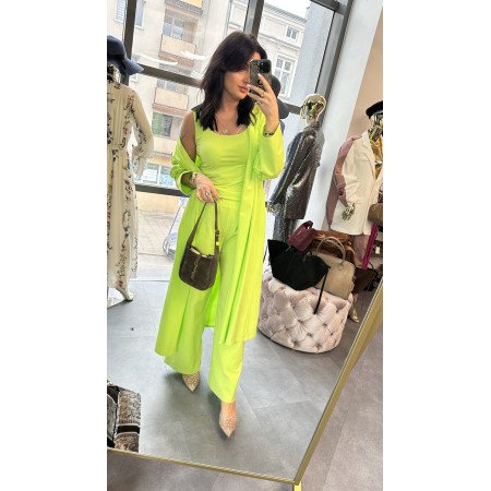 Bawełniany Komplet 3-częściowy PREMIUM – Kardigan, Top i Szerokie Spodnie, limonka // 5787