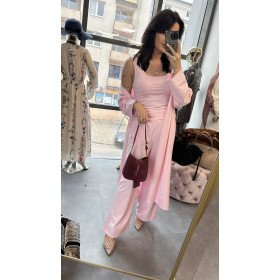 Bawełniany Komplet 3-częściowy PREMIUM – Kardigan, Top i Szerokie Spodnie, cukierkowy róż // 5788