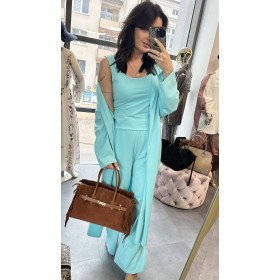 Bawełniany Komplet 3-częściowy PREMIUM – Kardigan, Top i Szerokie Spodnie, błękit / turkus // 5789