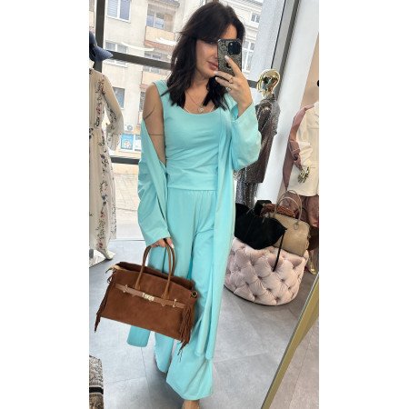 Bawełniany Komplet 3-częściowy PREMIUM – Kardigan, Top i Szerokie Spodnie, błękit / turkus // 5789