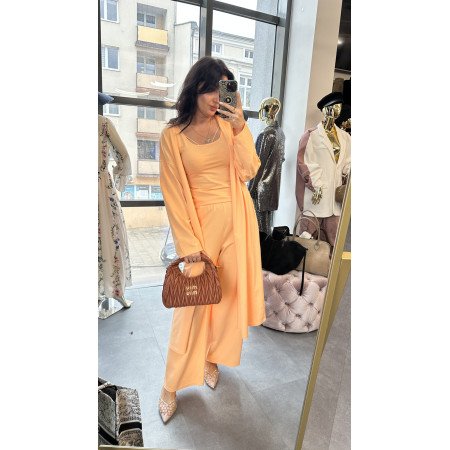 Bawełniany Komplet 3-częściowy PREMIUM – Kardigan, Top i Szerokie Spodnie, Brzoskwiniowy Sorbet // 5790