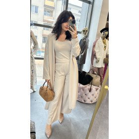 Bawełniany Komplet 3-częściowy PREMIUM – Kardigan, Top i Szerokie Spodnie, Piaskowy Beż // 5793