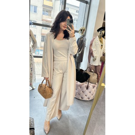 Bawełniany Komplet 3-częściowy PREMIUM – Kardigan, Top i Szerokie Spodnie, Piaskowy Beż // 5793