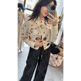 Biżuteryjna Kurtka z Gold Grommets – Beżowa Elegancja // 5794