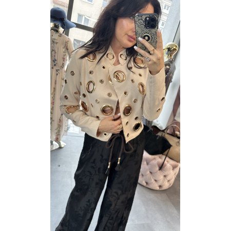Biżuteryjna Kurtka z Gold Grommets – Beżowa Elegancja // 5794