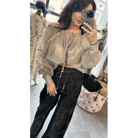 Luksusowa Bluzka z Lnu i Jedwabistym Połyskiem Pia B., Złoty Beż / Szampański // 5796