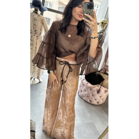 Lniana Bluzka Pia B. z Kaskadowymi Rękawami – Made in Italy, Czekoladowy Brąz, Marrone // 5800