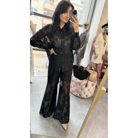 Koronkowe Spodnie Wide Leg Pia B. z Paskiem – Made in Italy, Zmysłowa Czerń (Nero) // 5802