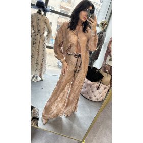 Koronkowe Spodnie Wide Leg Pia B. z Paskiem – Made in Italy, Złoty Beż / Szampański // 5803