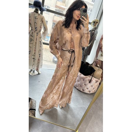 Koronkowe Spodnie Wide Leg Pia B. z Paskiem – Made in Italy, Złoty Beż / Szampański // 5803