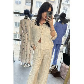 Krótka koszula lniana z haftem Richelieu – Kremowy Beż – Made in Italy // 5804