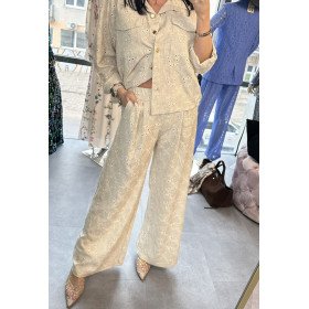 Lniane spodnie Wide Leg z haftem Richelieu – Kremowy Beż – Made in Italy // 5805