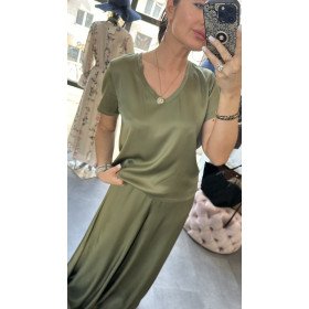 Włoska Bluzka z Połyskiem Pia B. – Luksusowa Wiskoza – Oliwkowa Zieleń (Khaki Gold) // 5806