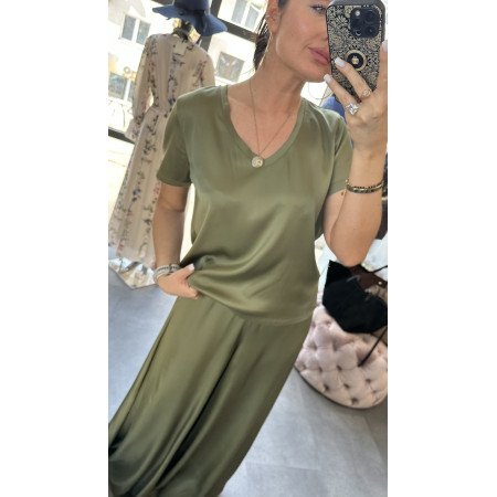 Włoska Bluzka z Połyskiem Pia B. – Luksusowa Wiskoza – Oliwkowa Zieleń (Khaki Gold) // 5806