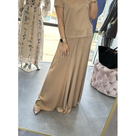 Szerokie Spodnie Satynowe Pia B. – Made in Italy – Wiskoza Premium, Szampański Beż (Champagne Gold) // 5808