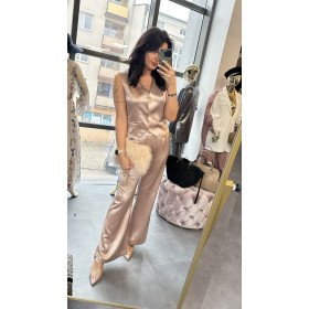 Elegancki Komplet Satynowy: Kamizelka z Koronką i Spodnie Wide Leg - Szampański Róż // 5810