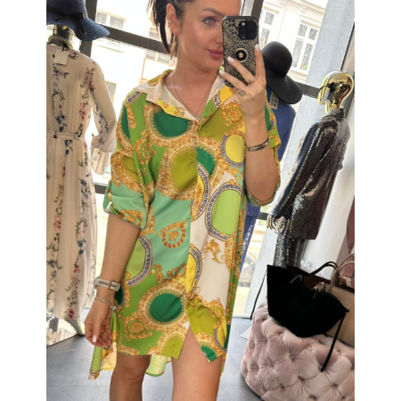 Włoska Sukienka Koszulowa – Barokowy Szyk w Odcieniach Zieleni // 5820