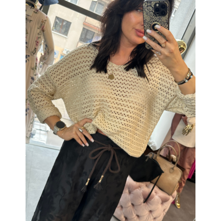 Włoska Ażurowa Bluzka z Wiskozy ze Złotą Nitką – Ecru // 5822