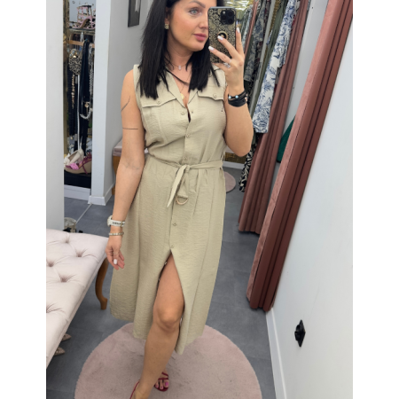 Beżowa Sukienka Szmizjerka Artigli z Wiskozy – Styl Safari i Włoska Elegancja // 5842