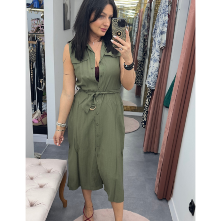 Sukienka Khaki Szmizjerka Artigli z Wiskozy – Styl Safari i Włoska Elegancja // 5843