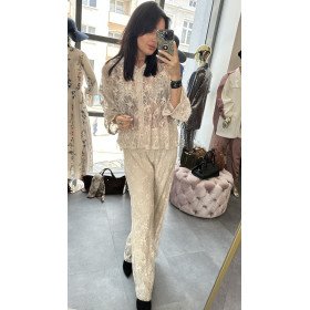 Beżowy koronkowy komplet, spodnie i koszula // 5890