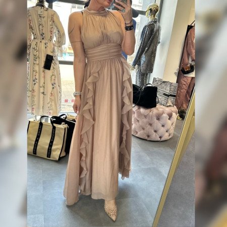 Sukienka Maxi AdoreDanew Beżowa | Sukienka Wieczorowa z Falbanami | Elegancka Kreacja na Wesele // 5953