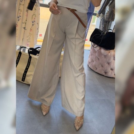 Eleganckie Spodnie Wide Leg ARTIGLI z Paskiem – Beżowe Palazzo High Waist, Premium Style // 5954