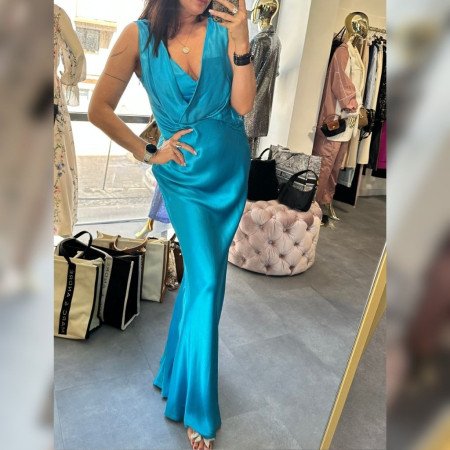 Sukienka Maxi RINASCIMENTO Turkusowa Satin Look – Wiskoza Made in Italy // 2645
