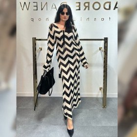 Sukienka Bawełniana Maxi Wzór Zygzak | Made in Italy | Dzianinowa Długa Sukienka