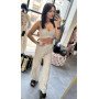 Komplet Boho AdoreDanew – Krótki Top i Spodnie Wide Leg z Koronką – Beżowy Zestaw Wakacyjny // 5966