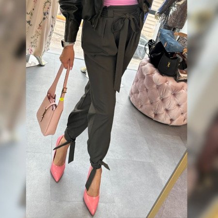 Eleganckie Spodnie Jogger z Wysokim Stanem i Wiązaniem – KHAKI GLAM // 5973