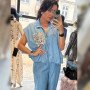 Luksusowa Bluzka Tencel z Cekinową Kieszenią i Lampasami – Jeans Look // 5975