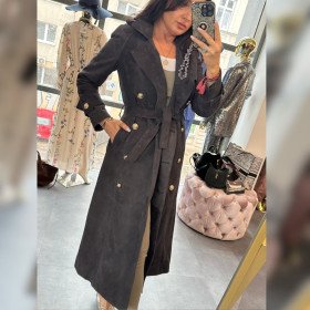 Luksusowy Płaszcz Zamszowy AdoreDanew – Trencz z Miękkiej Skóry Naturalnej Premium – Grafit / Espresso // 5977