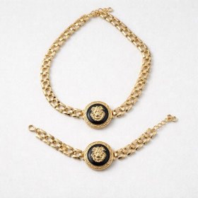 Ekskluzywny Komplet Biżuterii Vintage ze Złotym Lwem – Naszyjnik Choker i Bransoletka z Czarną Emalią //6031