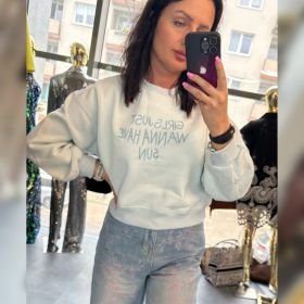 Pastelowa Bluza Bawełniana Damska z Napisem Premium – 100% Bawełna - Lodowy Błękit // 6066