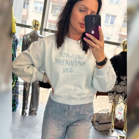 Pastelowa Bluza Bawełniana Damska z Napisem Premium – 100% Bawełna - Lodowy Błękit // 6066