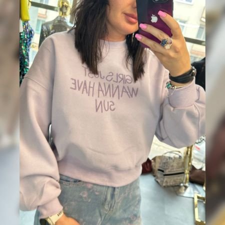 Pastelowa Bluza Bawełniana Damska z Napisem Premium – 100% Bawełna - Luksusowa Lila // 6067