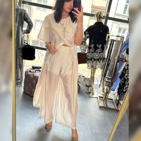 Ekskluzywny Komplet Damski Tunika i Spodnie Wide Leg Premium Luxury Tencel – Ecru  // 6084
