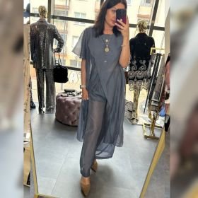 Ekskluzywny Komplet Damski Tunika i Spodnie Wide Leg Premium Luxury Tencel – Morski Stalowy // 6083
