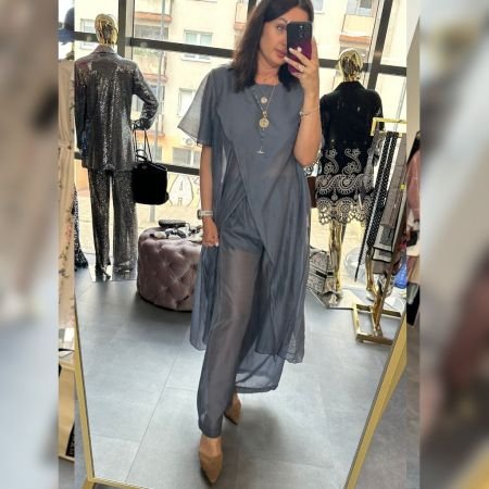Ekskluzywny Komplet Damski Tunika i Spodnie Wide Leg Premium Luxury Tencel – Morski Stalowy // 6083