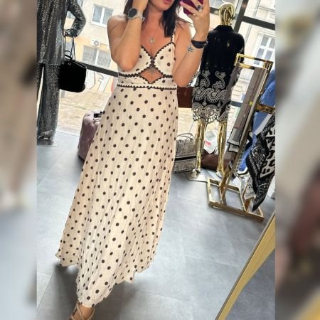 Sukienka Maxi Bawełniana w Grochy z Wycięciem Cut-Out, Śmietankowa Vanilla // 6092